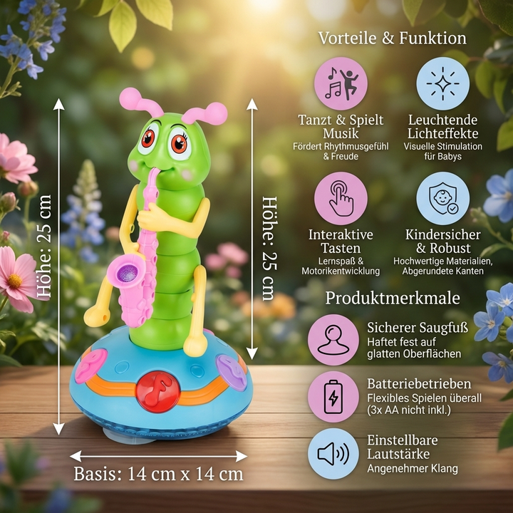 Saxophon Raupe Tanzspielzeug für Kinder, interaktives LED Musikinstrument fördert Freude & Bewegung bei Kleinkindern.