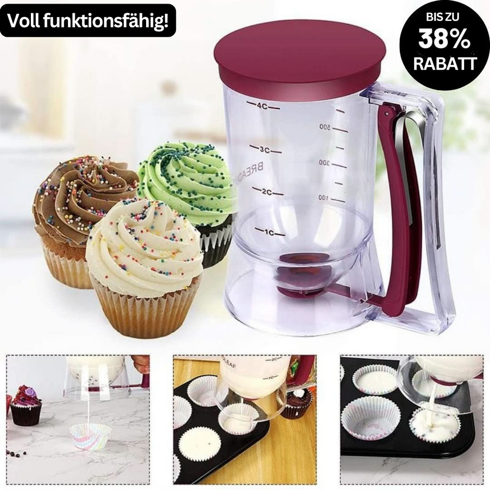 Handlicher Teigdosierer füllt mühelos und kleckerfrei Muffinformen, perfekt für Gebäck und Kuchen.