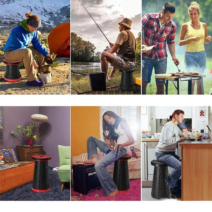 Kompakter Teleskop-Klapphocker, zusammengefaltet, platzsparend im Rucksack. Ideal für Freizeit & Reise.
