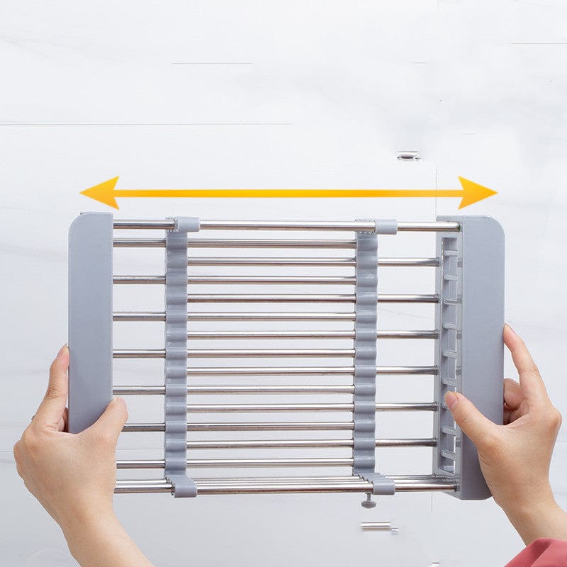 Verstellbares Abtropfgestell für Spülbecken, ideal als Geschirrtrockner, Gemüsekorb und Küchenhelfer.