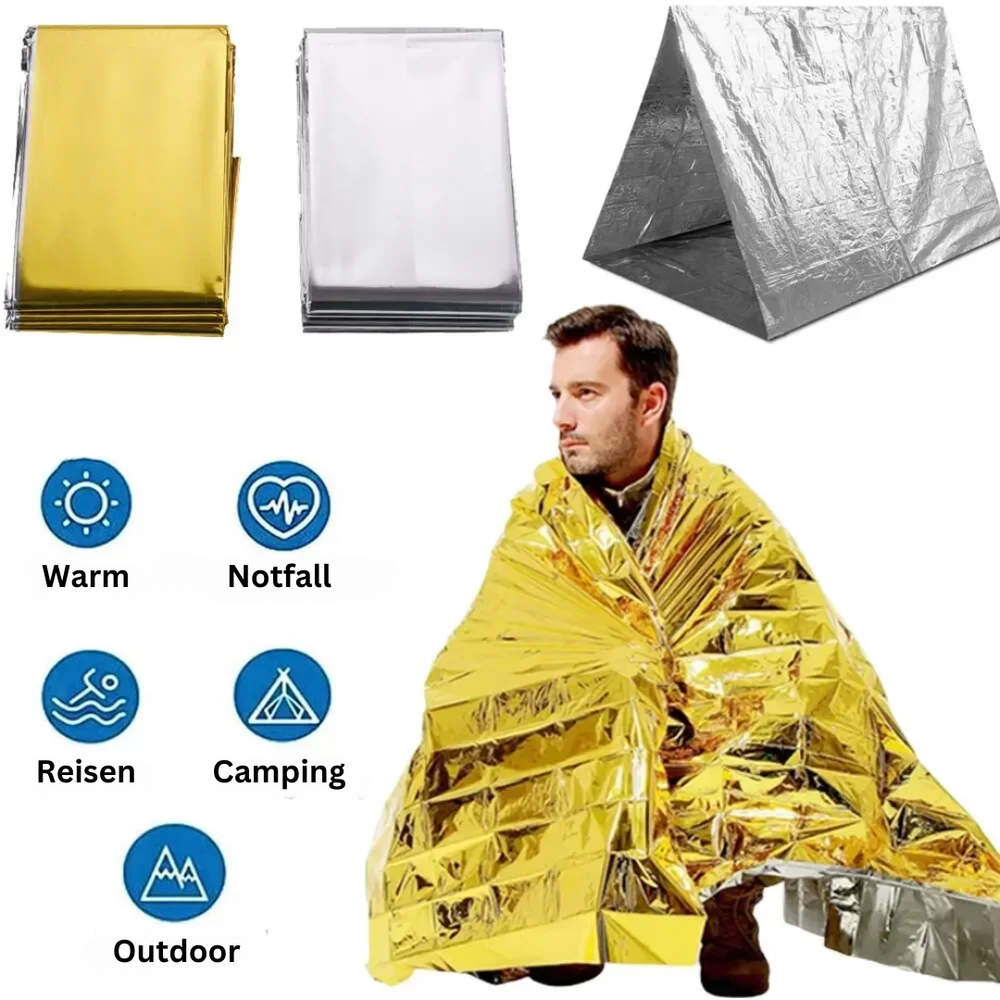Reflektierender ThermaShield Notfall-Poncho bietet Kälteschutz & Regenschutz, ideal für Überleben & Rettung.