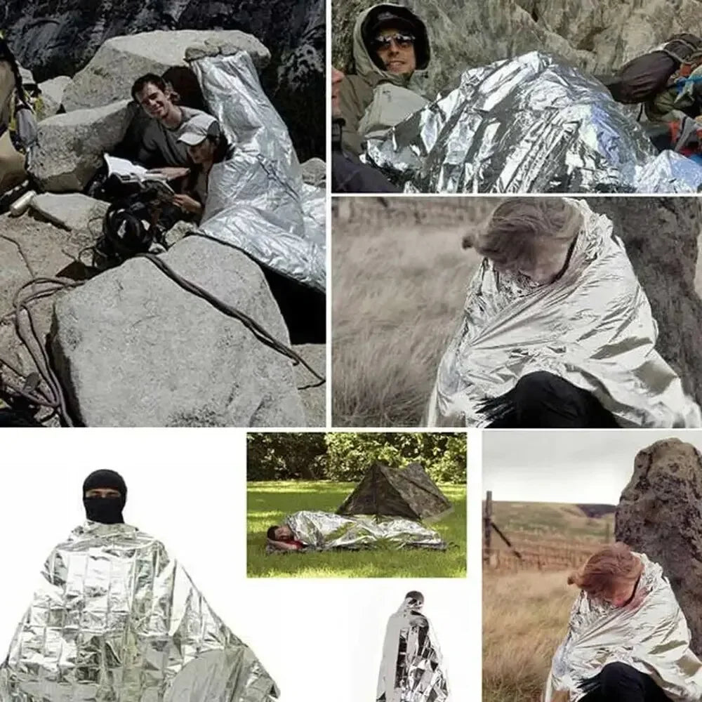 Robuster ThermaShield Notfall-Poncho als Campingausrüstung: Wärme- & Regenschutz beim Wandern.