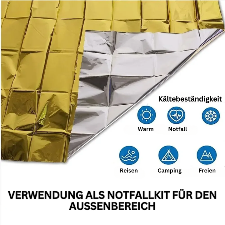 Kompakter ThermaShield Notfall-Poncho, leicht zu transportierende Notfalldecke für Outdoor & Survival.