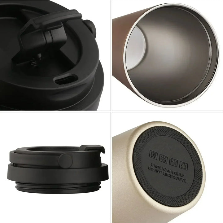 Nahaufnahme des ThermaSip Isolierbechers 500ml mit auslaufsicherem Deckel, perfekt für sicheren Transport.