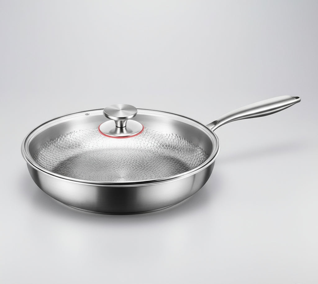 Premium gehämmerte Titan-Bratpfanne, antihaft und induktionsfähig, für stilvolles Kochen im Haushalt.