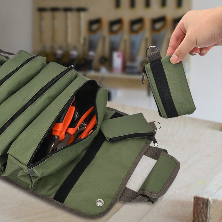 Kompakte, faltbare Werkzeugtasche zur effizienten Werkzeugaufbewahrung im Handwerkeralltag.
