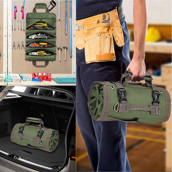 Geräumige Werkzeugtasche offen mit sauber organisierten Fächern für vielfältige Werkzeuge.