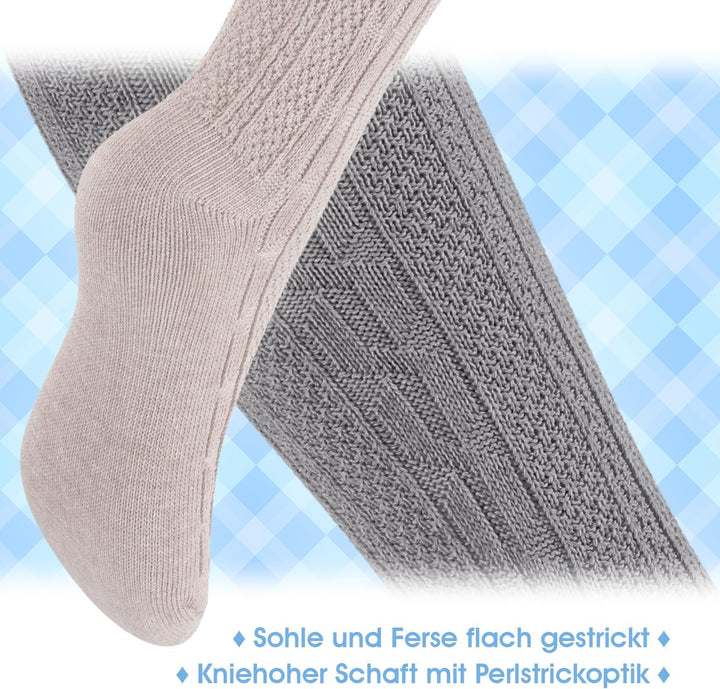 Trachten Kniestrümpfe (2er-Pack) mit feinem Strickmuster. Unisex Socken, bequem für Oktoberfest & Trachtenoutfits.