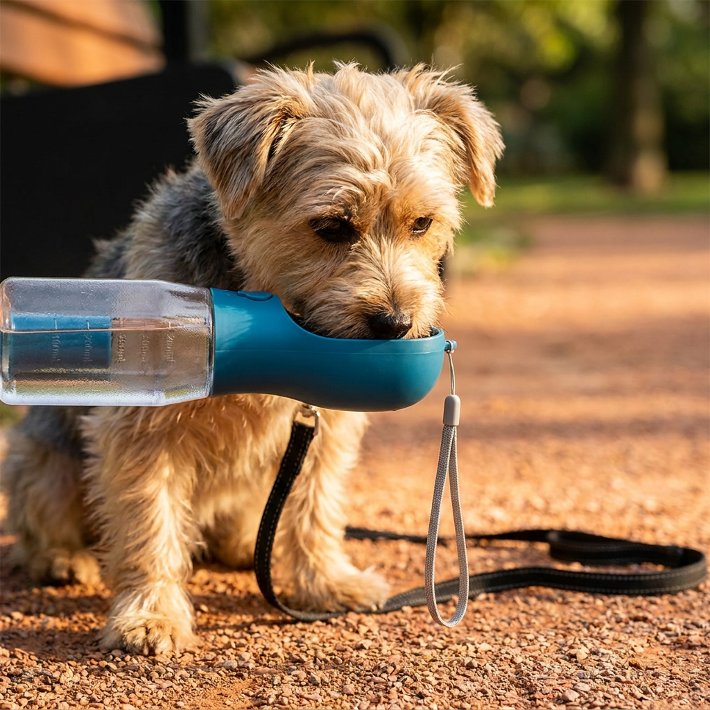 Modernes 3-in-1 Hundezubehör: Wasserflasche, Futter & Kotbeutelhalter. Komfort für Hund & Halter auf Reisen.
