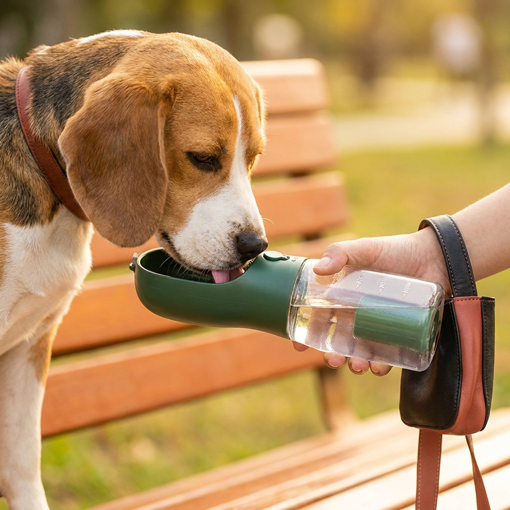 Komplettlösung für Hunde unterwegs: Tragbare Wasserflasche mit Futterstation & Kotbeutel. Ideal für alle Aktivitäten.