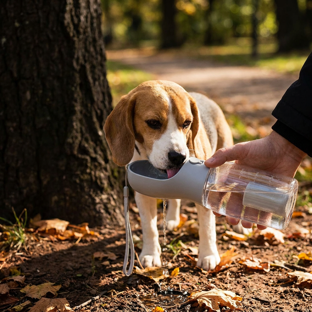 Einfach zu bedienende Hundetrinkflasche mit Futterfach & Beutelspender. Perfekt für Gassi & längere Touren.