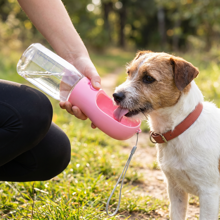 Sorgt für Wasser & Futter unterwegs: Tragbare Hundeflasche mit Futterbehälter & Kotbeutelhalter. Wichtig für Reisen.