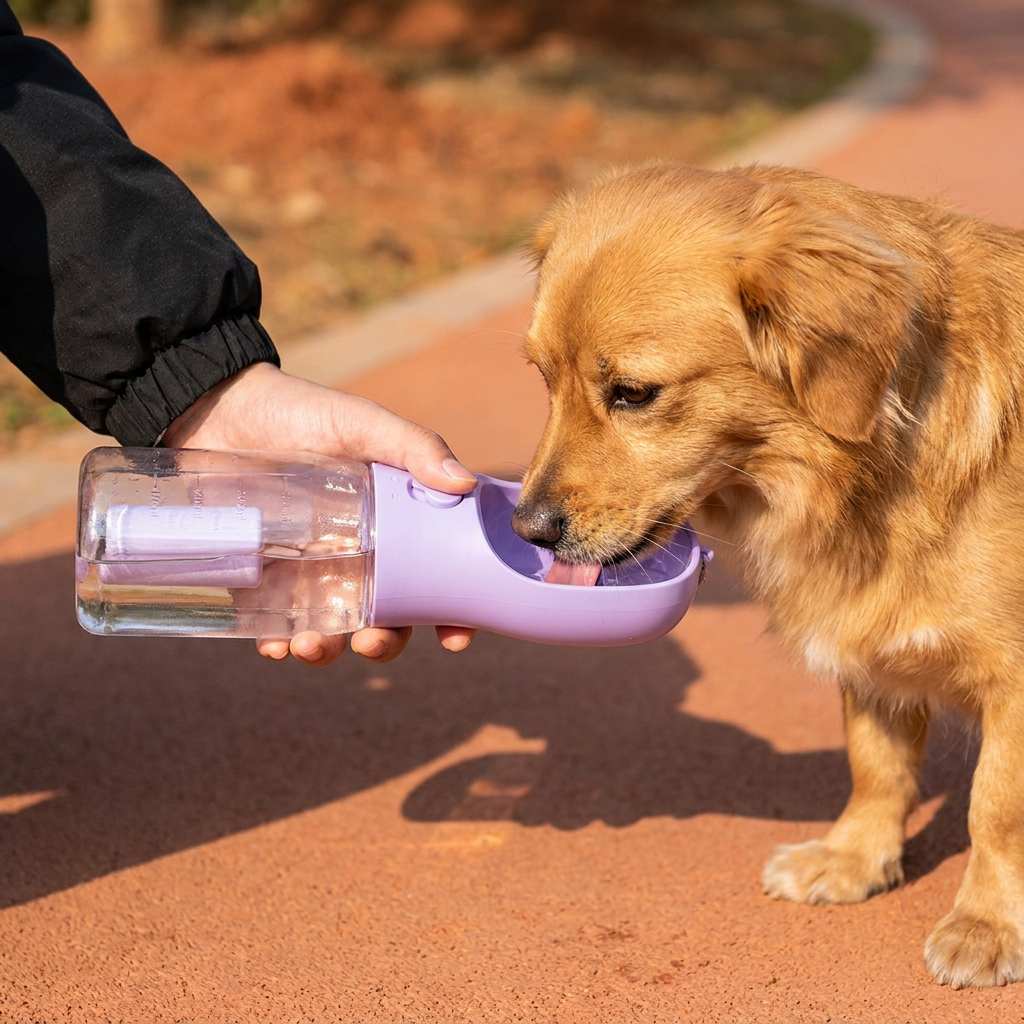 Vielseitige Hundewasserflasche mit integriertem Futterbehälter & Kotbeutelspender. Unverzichtbar für Spaziergänge.