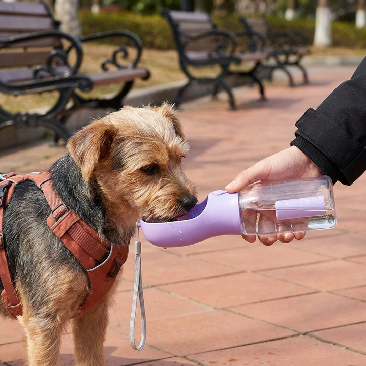 Hundewasserflasche tragbar mit Futter & Beutelspender für unterwegs. Perfekt für Reise, Spaziergang, Outdoor.