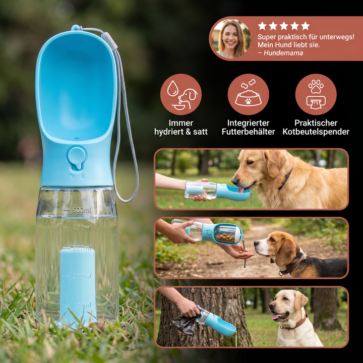 Multifunktionale Hundetrinkflasche mit integriertem Futterbehälter & Kotbeutelspender. Ideal für Gassi gehen.