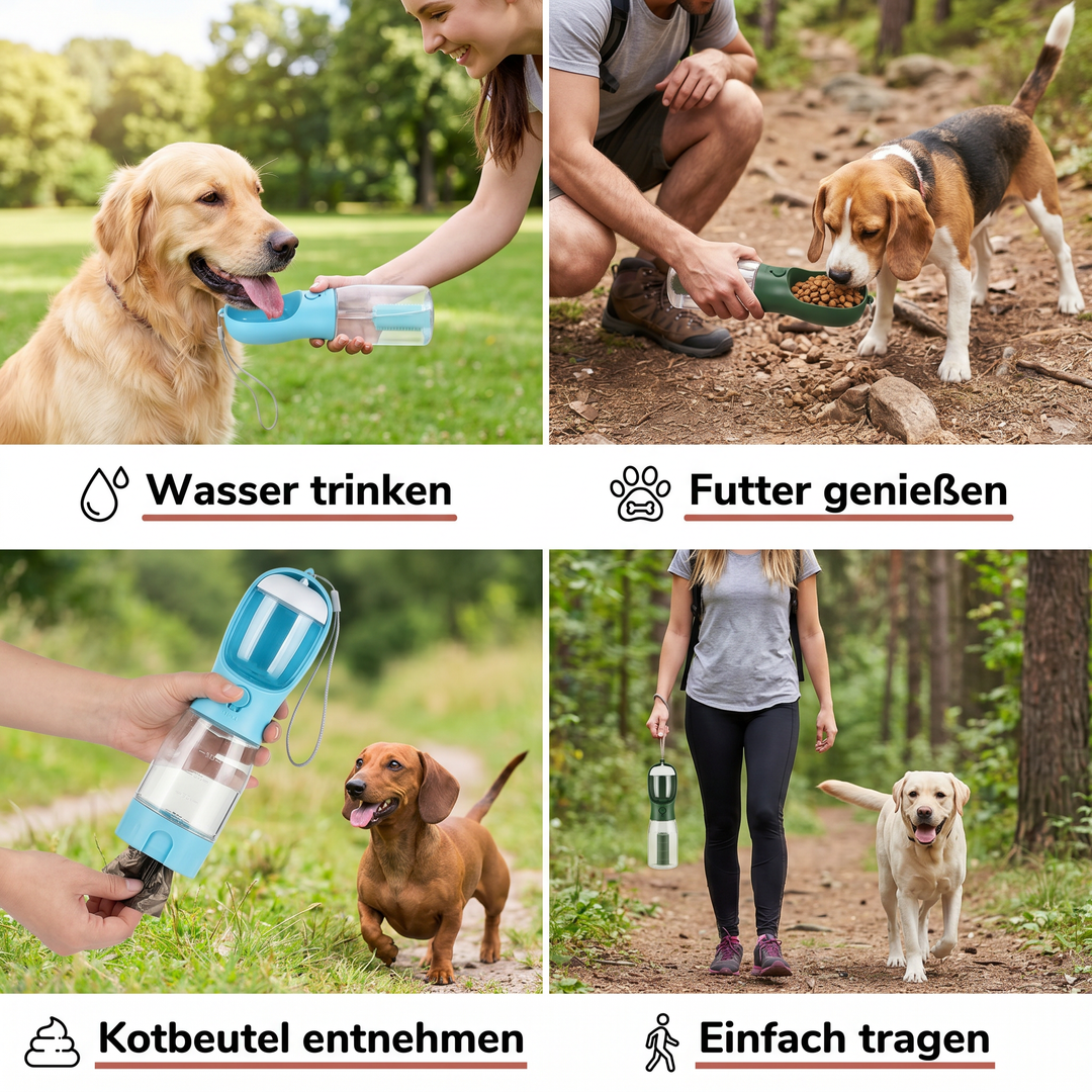 All-in-one Hundezubehör: Tragbare Wasserflasche, Futterbehälter & Kotbeutelhalter für jeden Spaziergang.