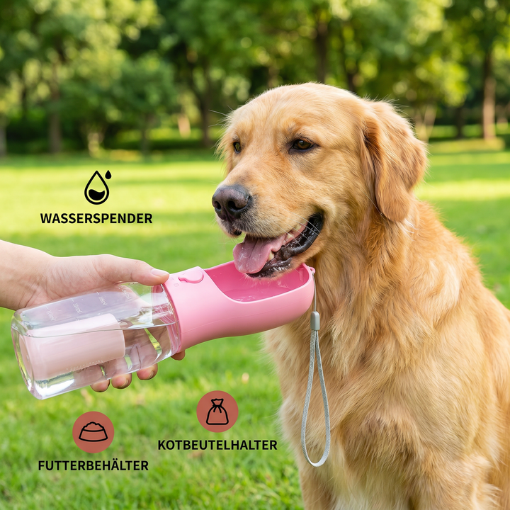 Tragbare Wasserflasche für Hunde mit Futterfach & integriertem Kotbeutelspender. Unverzichtbar für Outdoor.