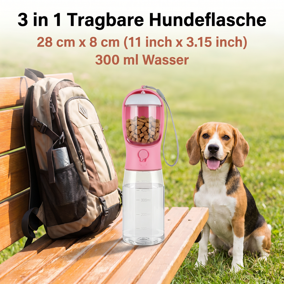 Hygienische 3-in-1 Hundewasserflasche mit Futterspender & Kotbeutel. Ideal für unterwegs und Gassi gehen.