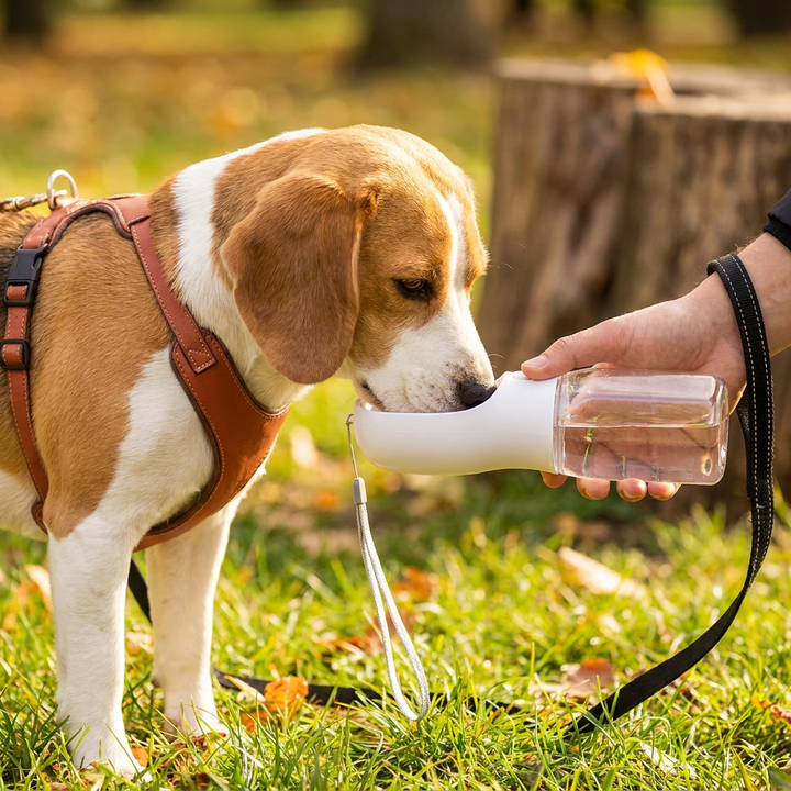 Kompaktes Hundezubehör: Tragbare Wasserflasche mit Futterbehälter & Kotbeutelhalter. Praktisch für jeden Trip.