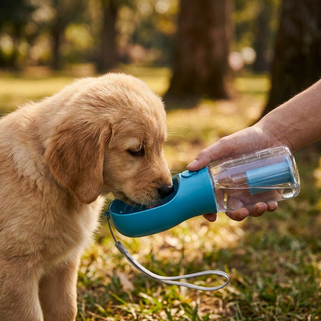 Perfekte Hundewasserflasche für Spaziergänge & Abenteuer. Mit Futterbehälter & Beutelspender. Robust & tragbar.