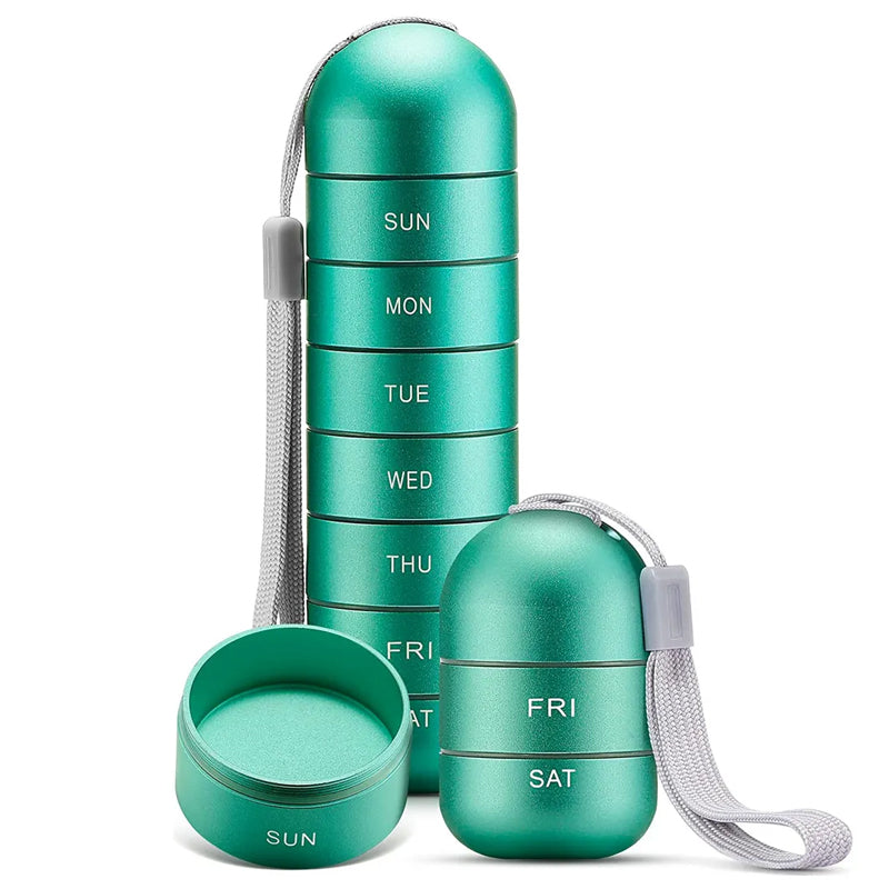Kompakte 7-Tage Pillenbox aus wasserdichtem Aluminium für unterwegs, Medikamenten-Aufbewahrung.