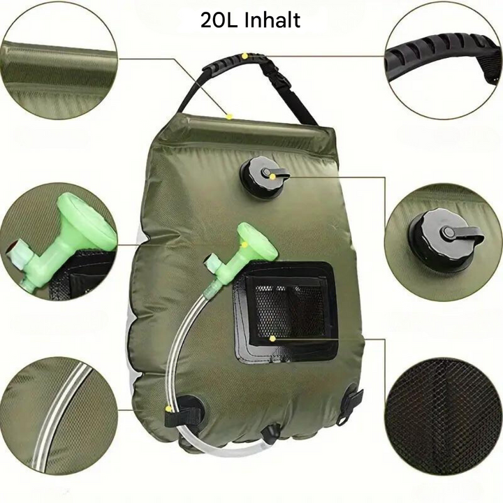 Vielseitige 20L Campingdusche mit Solarfunktion für warme Duschen bei Wanderung, Camping & Outdoor-Abenteuern.