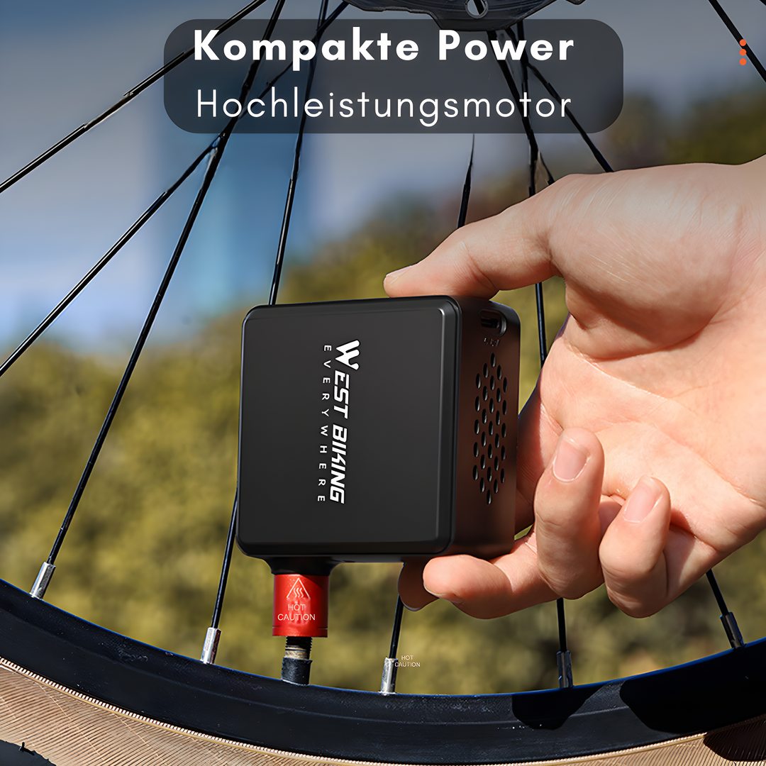 PowerPump Mini elektrische Fahrradpumpe füllt Reifen schnell. Tragbarer Kompressor mit USB-C für unterwegs.