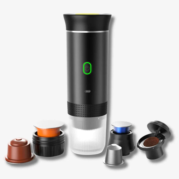 Tragbare Espressomaschine für unterwegs, ideal für frischen Kaffee und Espresso mit Kapseln oder Mahlkaffee.