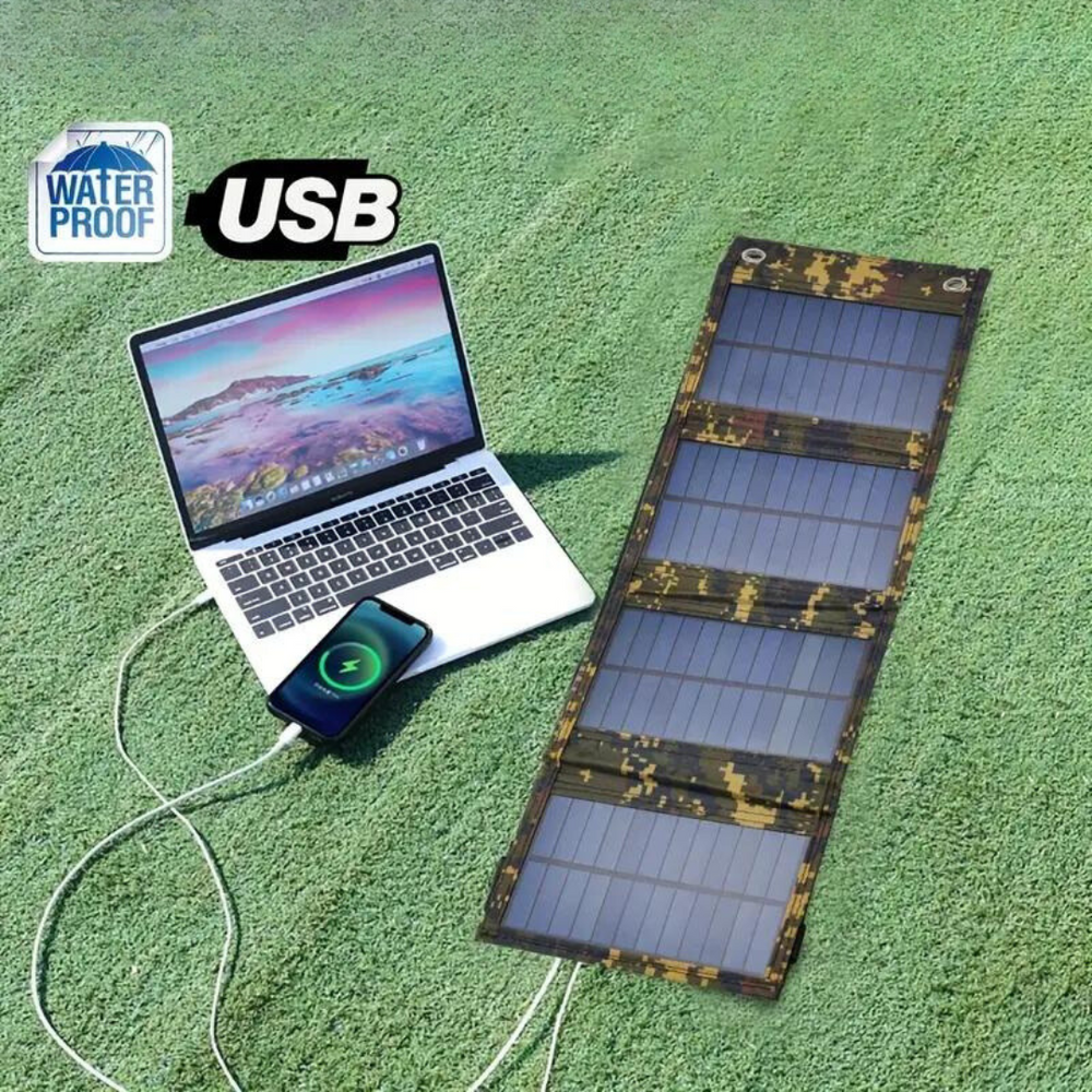 Faltbare Solar Powerbank SolarMate, perfekt für Wandern & Reisen. Lädt Smartphones und USB-Geräte mit Solarenergie.