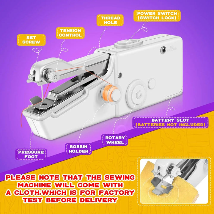 StitchMatic Mini Nähmaschine: Detailansicht mit Spule, Nadel & Bedienknöpfen für einfaches Nähen.