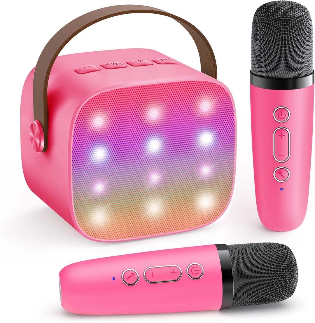 Tragbare Mini-Karaoke-Maschine mit Bluetooth-Lautsprecher und 2 kabellosen Mikrofonen für Kinder & Erwachsene.
