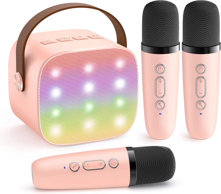 Mini-Karaoke-System mit Bluetooth, 2 drahtlosen Mikrofonen, LED-Licht für Kindergeburtstage.