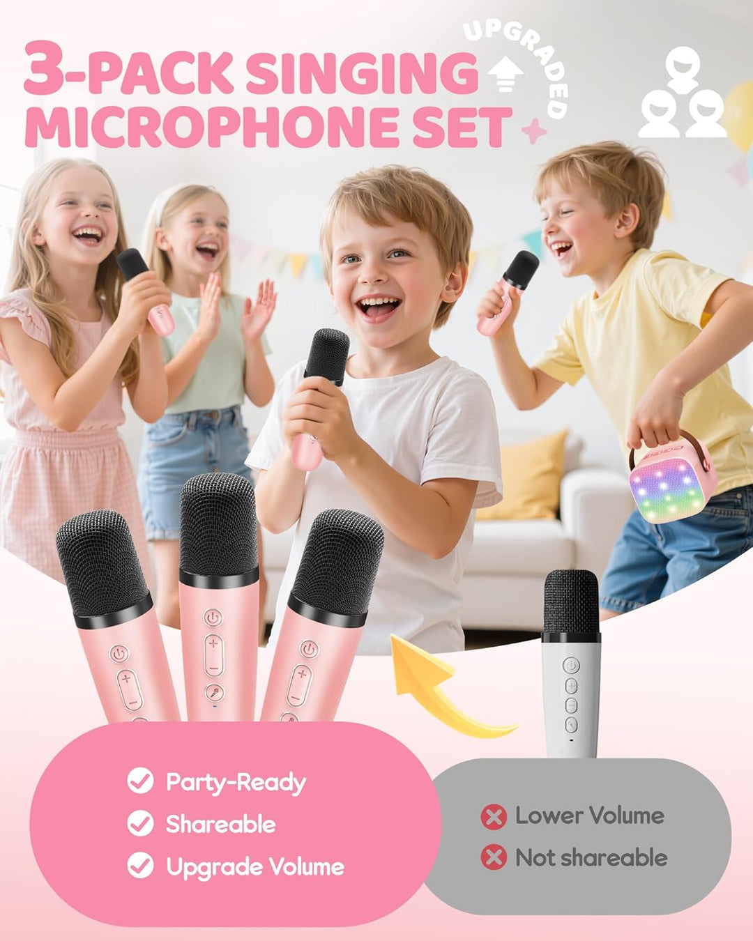 Kompaktes Karaoke-Gerät mit Bluetooth-Lautsprecher und 2 Funkmikrofonen zum Mitsingen.