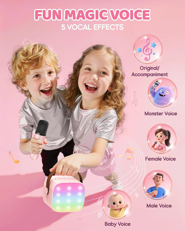 Tragbares Karaoke-Set für Erwachsene mit Stimmverzerrer, Bluetooth und 2 Funkmikrofonen.