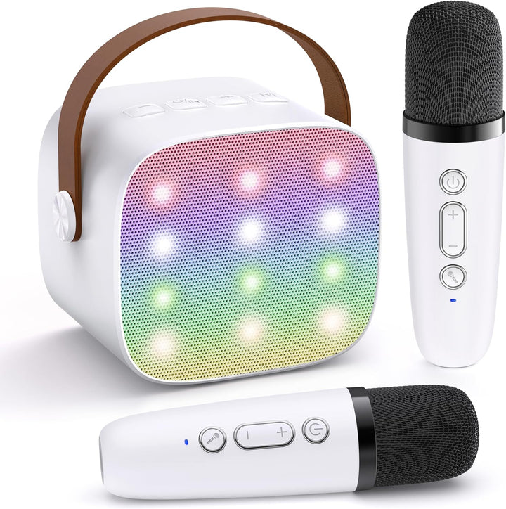 Tragbare Karaoke-Maschine mit LED, Stimmverzerrer, Bluetooth & 2 Mics – Spaß für die Familie.