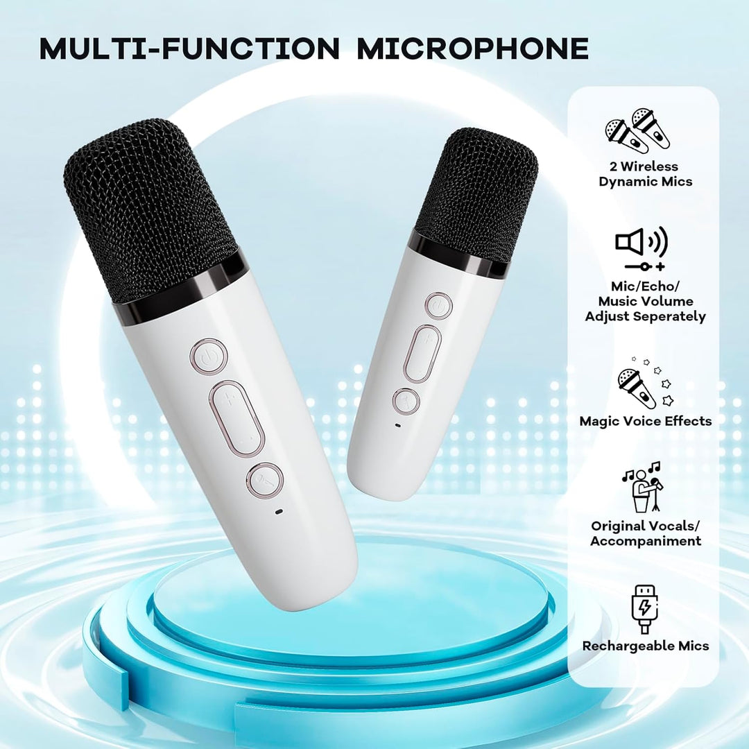 Mini-Karaoke-Anlage für Kinder mit 2 Funkmikrofonen, Bluetooth-Speaker und tollen Lichteffekten.