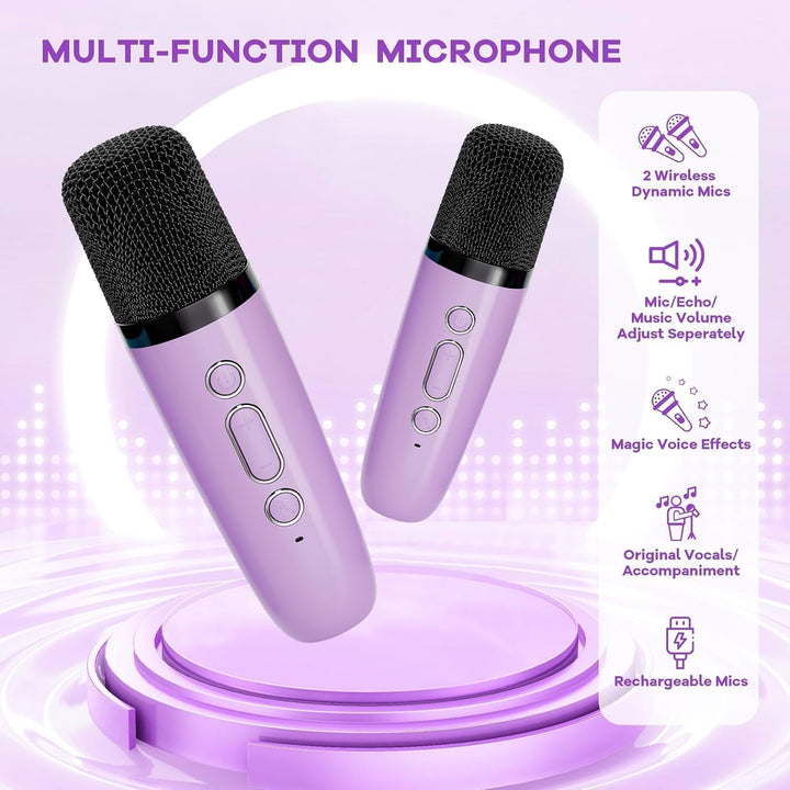 Kompaktes Karaokegerät für zu Hause, mit Bluetooth, 2 Mikrofonen und Stimmverzerrungsfunktion.