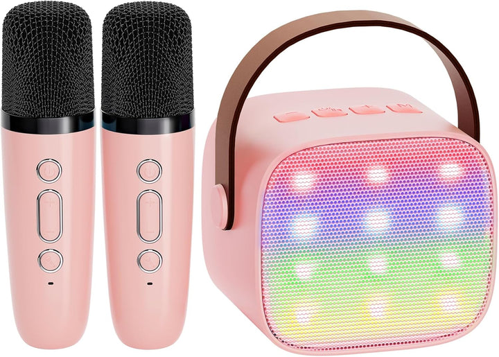 Tragbare Musikbox mit Karaoke-Funktion, Bluetooth-Verbindung und zwei drahtlosen Mikrofonen.