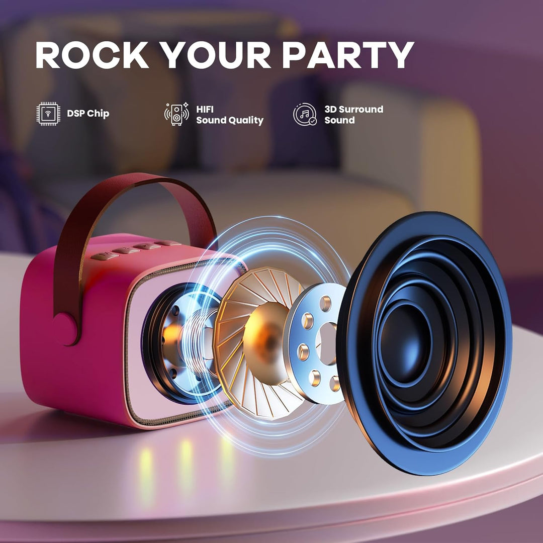 Veylo Mini-Karaoke-Set: Bluetooth-Speaker, 2 kabellose Mikrofone, LED-Licht für Partys & Unterhaltung.