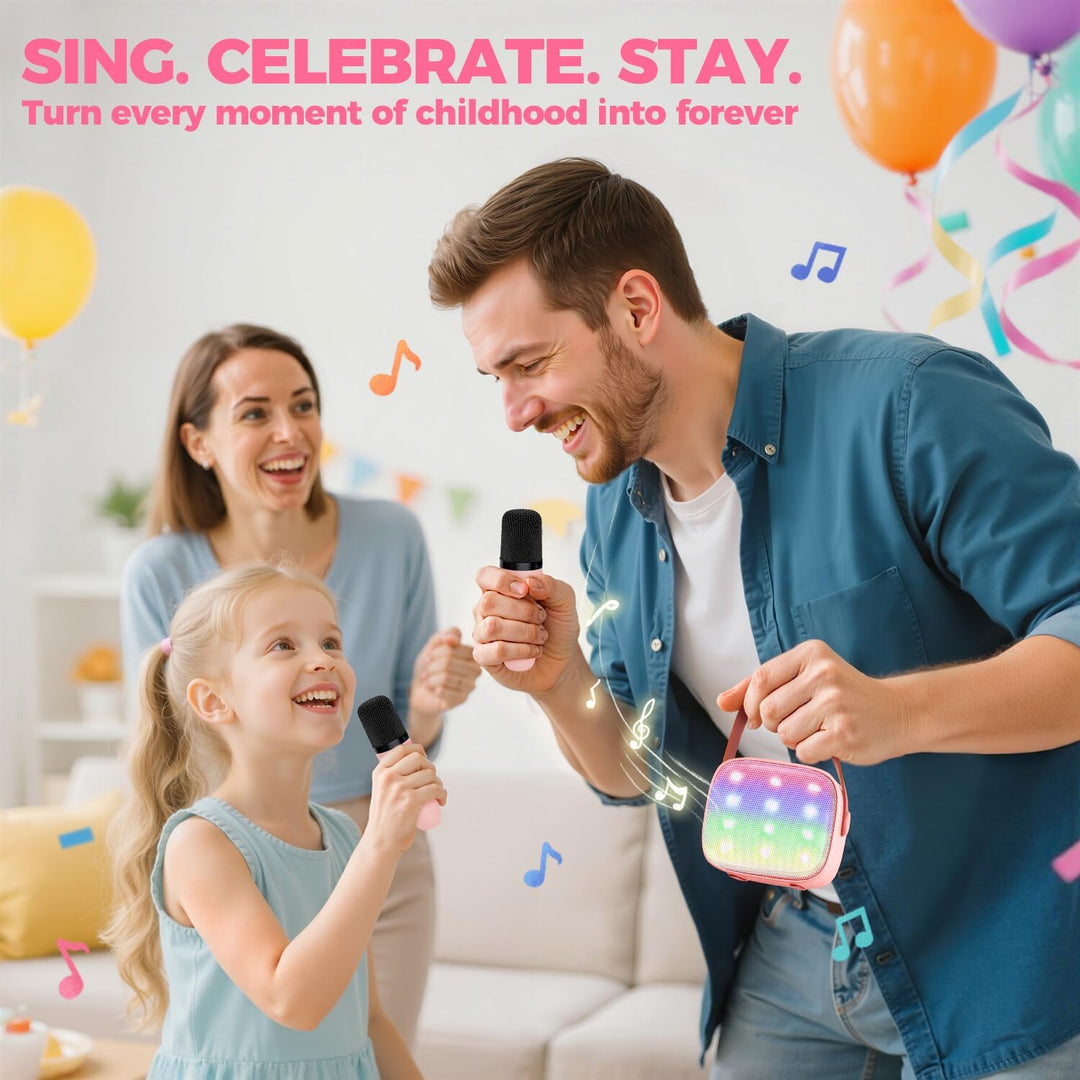 Singen wie ein Star: Mini-Karaoke-Maschine mit LED-Licht, Bluetooth und 2 kabellosen Mikrofonen.
