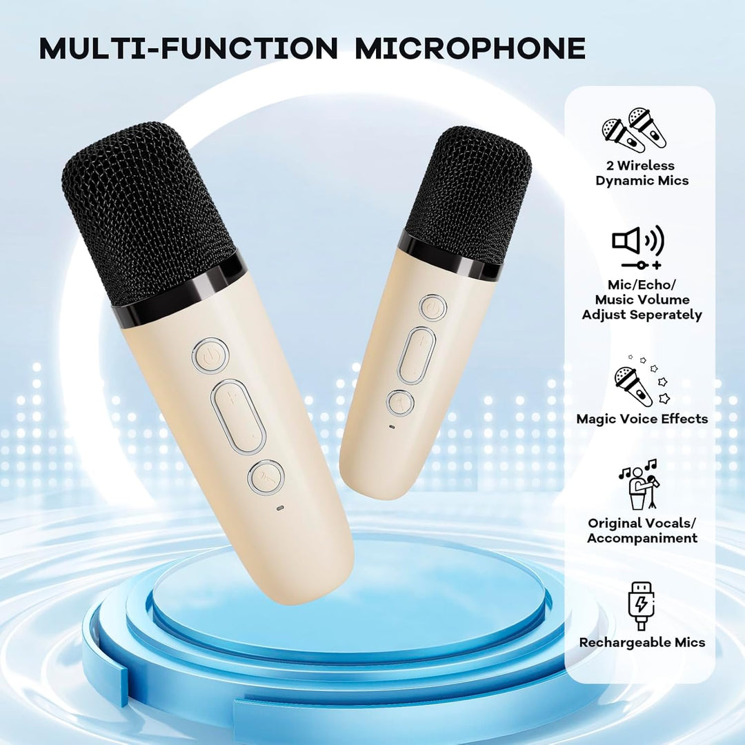 Veylo Mini-Karaoke-System mit 2 Funkmikrofonen, Bluetooth-Lautsprecher – perfekt für Musikfans.