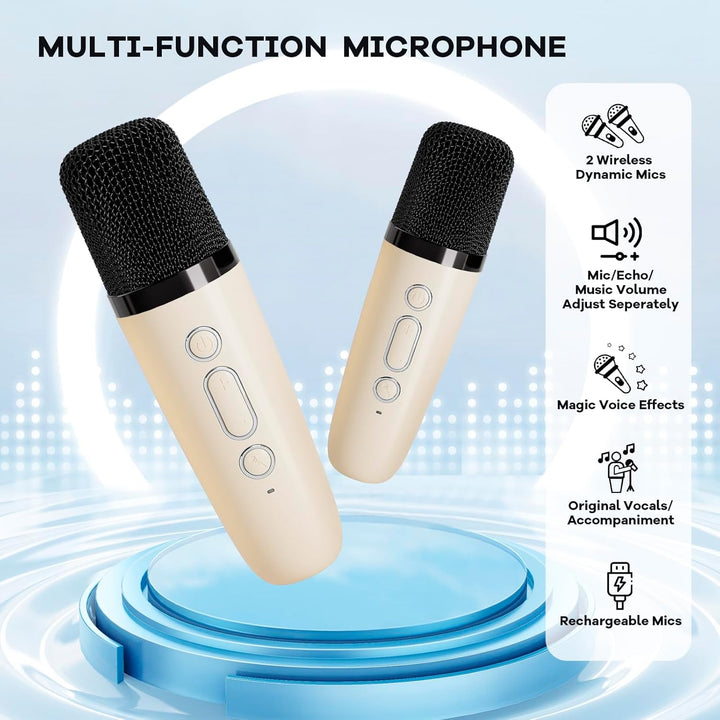Veylo Mini-Karaoke-System mit 2 Funkmikrofonen, Bluetooth-Lautsprecher – perfekt für Musikfans.