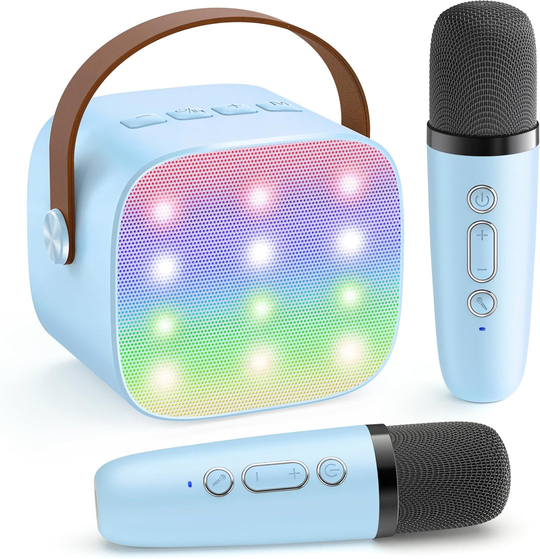 Bluetooth-Karaoke-Maschine mit Stimmverzerrer und 2 kabellosen Mikrofonen für Solo & Duett.