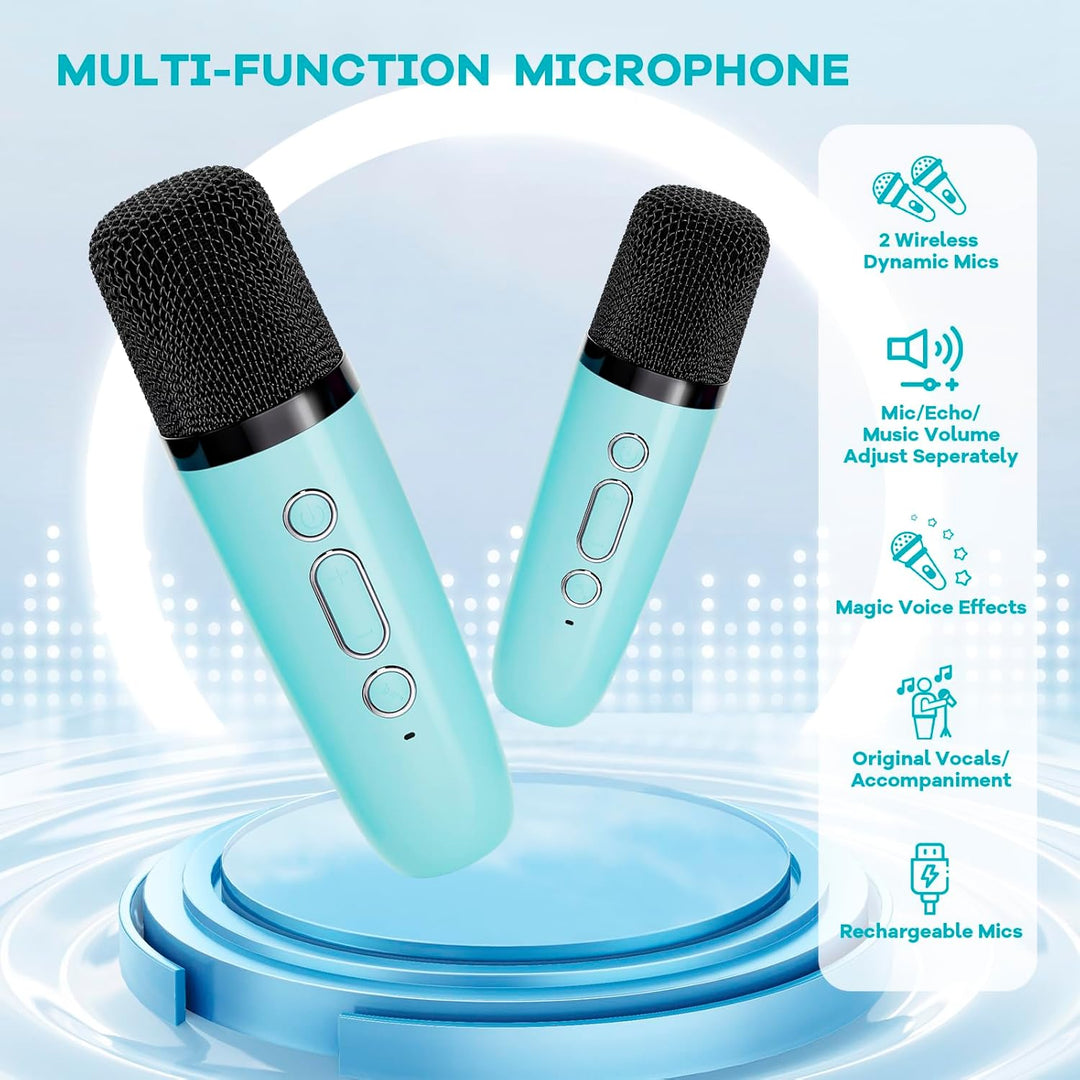 Kinder-Karaoke-Maschine, tragbar, mit Bluetooth-Speaker, 2 Funkmikrofonen und tollen Effekten.