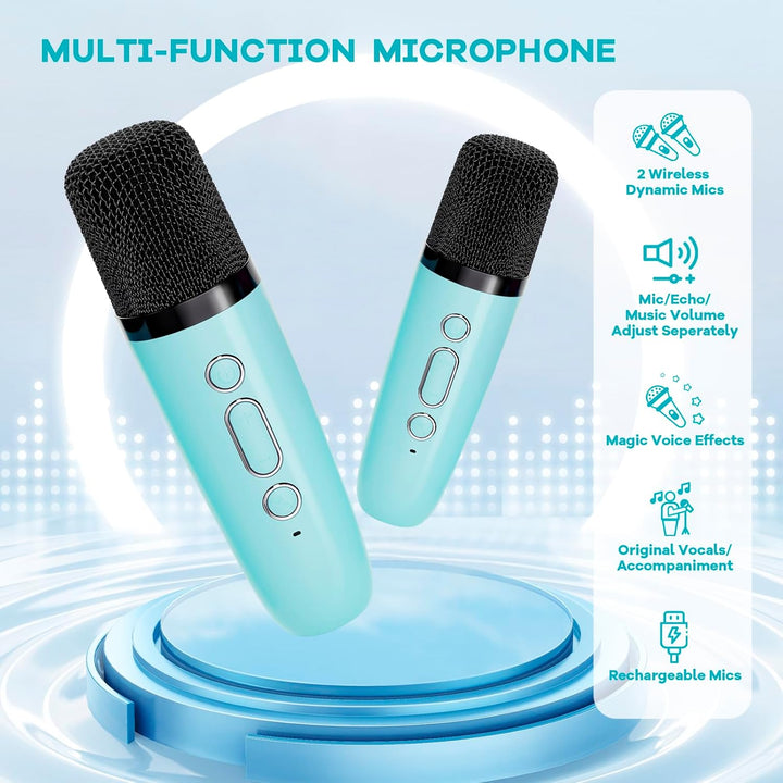 Kinder-Karaoke-Maschine, tragbar, mit Bluetooth-Speaker, 2 Funkmikrofonen und tollen Effekten.
