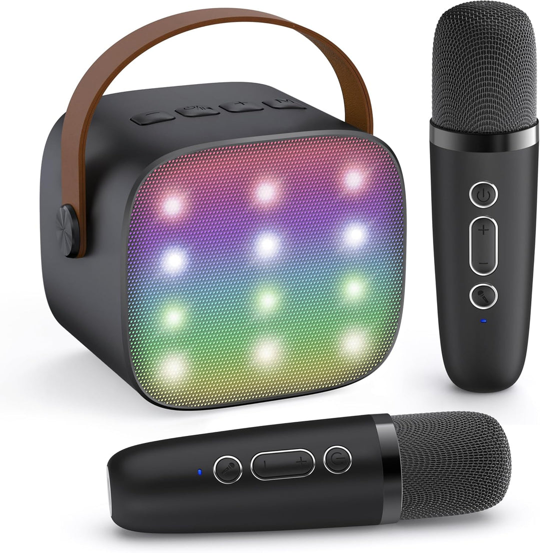 Karaoke-Set für die ganze Familie: Bluetooth, 2 kabellose Mikrofone, Stimmverzerrer, LED-Licht.