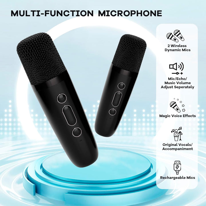 Mini-Karaoke-System für Geburtstagspartys, mit Bluetooth, 2 Mikrofonen und bunten LED-Lichtern.