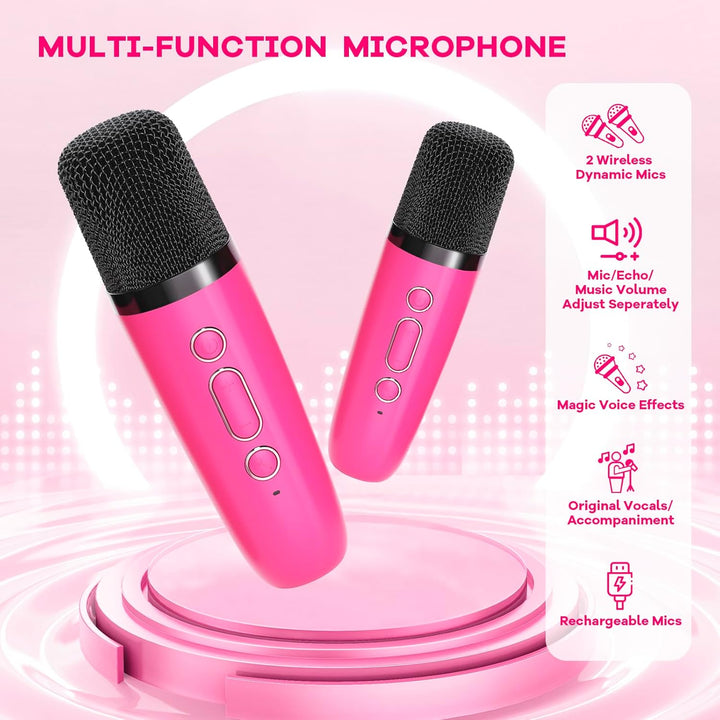 Kompakte Karaoke-Anlage mit Stimmverzerrer und 2 Funkmikrofonen, ideal für Musik und Gesang.