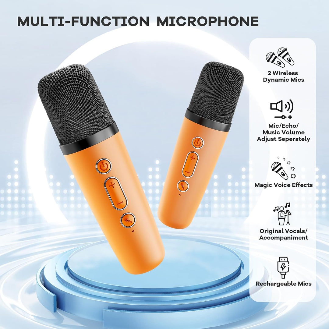 Geschenk für Musikbegeisterte: Mini-Karaoke-Maschine mit Bluetooth, 2 kabellosen Mikrofonen, LED.