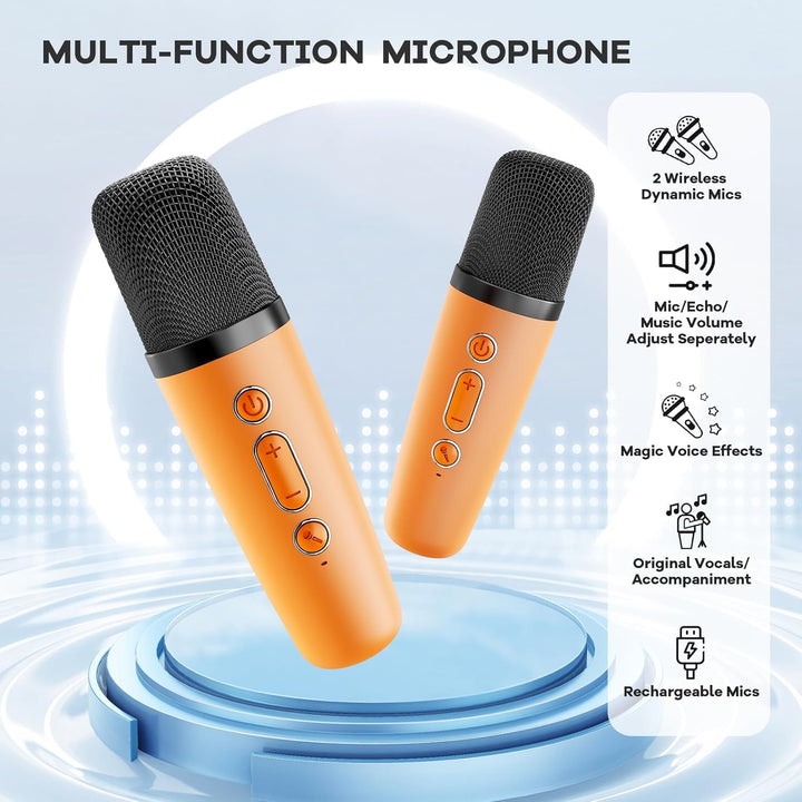 Geschenk für Musikbegeisterte: Mini-Karaoke-Maschine mit Bluetooth, 2 kabellosen Mikrofonen, LED.